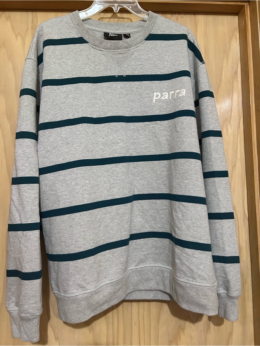 Parra Men’s Light Gray Crewneck Sweater with Teal Stripes